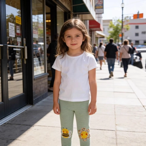 Girls Leggings Cotton Striped Breathable Elastic Skinny Pants With Cartoon Bee And Flower Applique For Spring Summer
