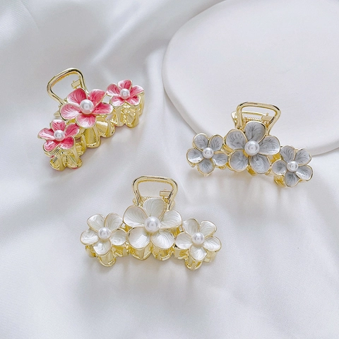 Pinza De Pelo Flor Retro Aleación Esmalte Perla Artificial Elegante Accesorio Cabello Mujer