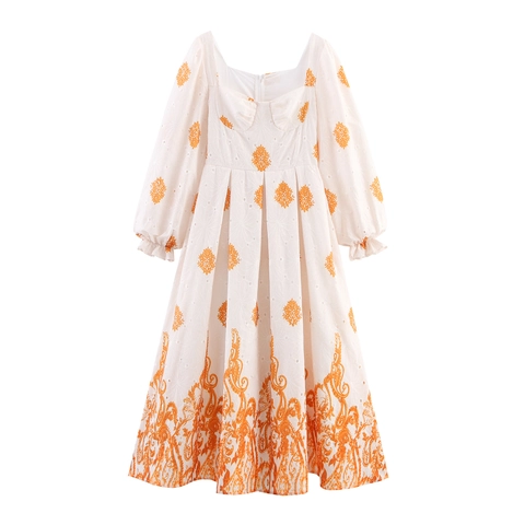 Damen Maxikleid Mit Eckigem Ausschnitt Weiß Orange Paisley Blumenmuster Puffärmel Hohe Taille Boho Stickerei