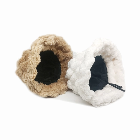 Women Faux Fur Bucket Hat Thick Warm Winter Checkerboard Texture Plush Fisherman Cap Solid Color