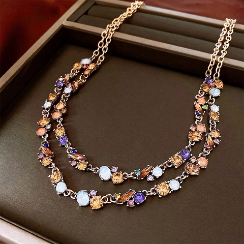 Double Layer Colorful Rhinestone Necklace Alloy Crystal Geometric Vintage Palace Style Clavicle Chain For Women