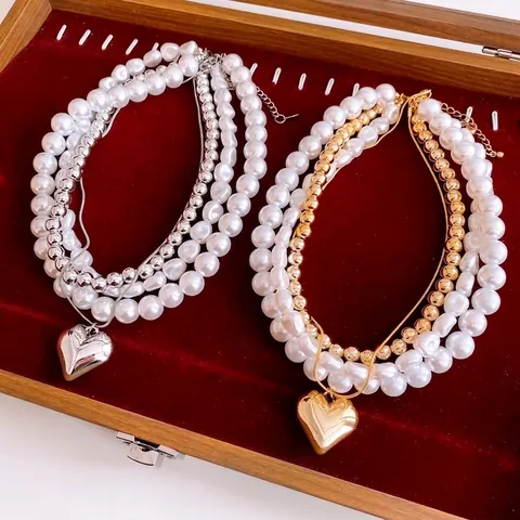 Collar De Varias Capas Perlas Artificiales Artificiales Cobre ABS Colgante Corazón Vintage Francés Elegante Joyería Mujeres