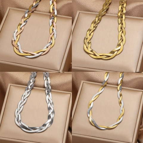 Collana A Catena Intrecciata In Acciaio Inossidabile Placcato Oro Design A Lama Di Serpente Piatta Gioielli Da Donna