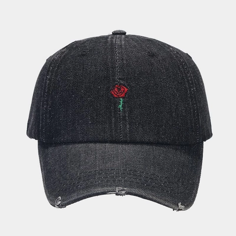Casquette De Baseball En Denim Délavé Avec Broderie Rose Vintage Déchirée Chapeau Ajustable Style Urbain Homme Femme