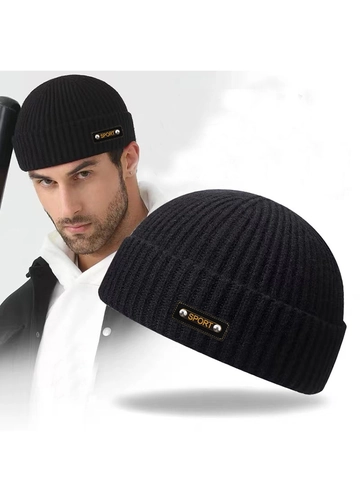Gorro De Punto Invierno Cálido Color Sólido Acrílico Con Parche De Cuero Sport Remache Metálico