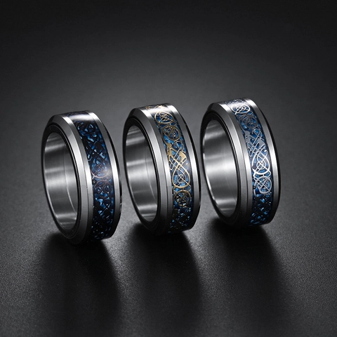 Anello In Acciaio Inossidabile Drago Celtico Fibra Di Carbonio Blu Fascia Rotante Gioielli Vintage Stile Punk Uomo