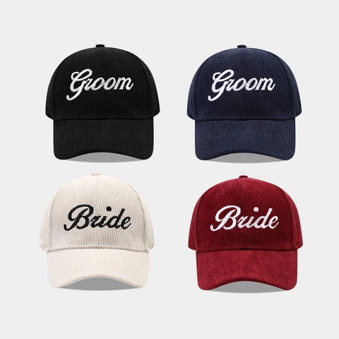 Bride Groom Letter Embroidery Corduroy Baseball Cap Adjustable Peaked Hat For Wedding Party Couple
