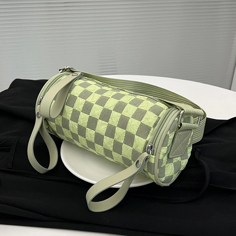 Women Checkerboard Barrel Shoulder Bag Bubble Texture Crossbody Cylinder Handbag With Adjustable Wide Strap Casual