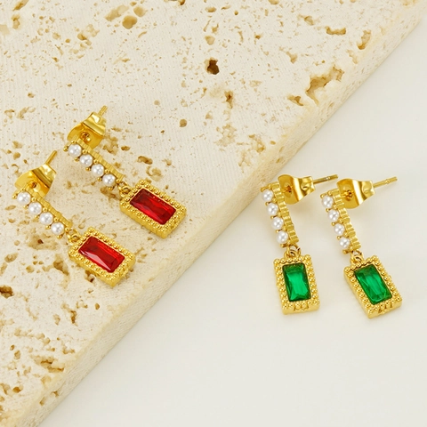 Orecchini Pendenti Stile Francese Vintage Acciaio Inossidabile Placcato Oro 18K Zircone Rettangolare Perla Artificial Imitazione