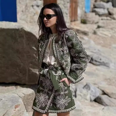 Women Green Embroidery Jacket And Skirt Polyester Long Sleeve Round Neck Retro Ethnic Bohemian Outfits