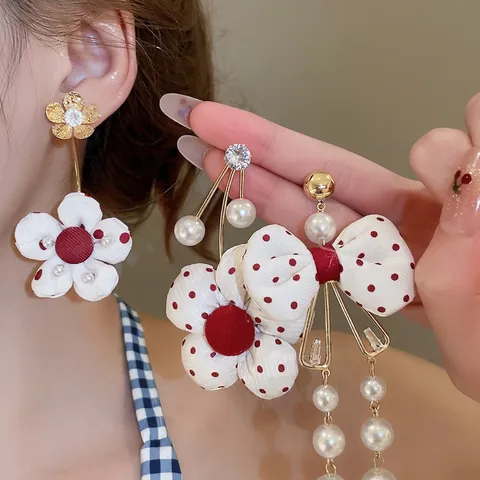 Blumen Bogen Erdbeere Tropfenohrringe Mit 925 Sterling Silber Ohrstecker Legierung Künstliche Perle Zirkon Stoff Punktmuster