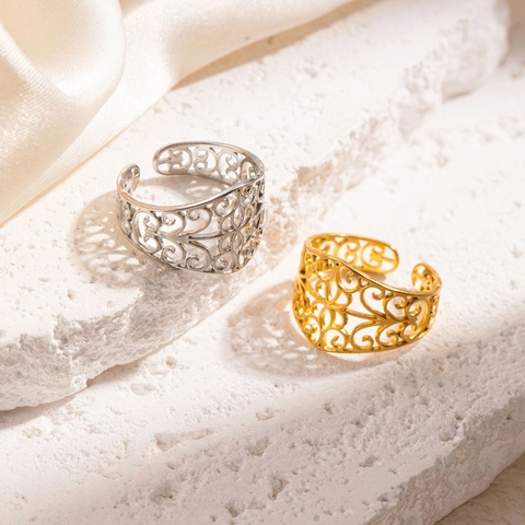 Hohlmuster Ring Edelstahl Vergoldet Retro Rebe Filigran Verstellbar Offen Band Modeschmuck Für Damen