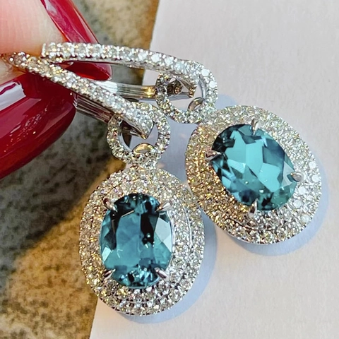 Pendientes De Palanca Con Zafiro Azul Sintético Ovalado Cobre Y Circonita Cúbica Joyería Elegante De Fiesta Para Mujeres
