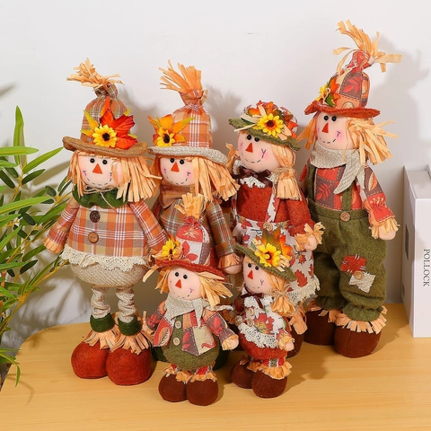 Scarecrow Doll Harvest Decoration Cloth Fabric Straw Sunflower Maple Leaf Fall Theme Autumn Home Desktop Ornament Figurine