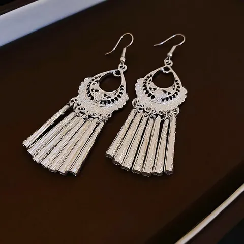 Vintage Alloy Hollow Geometric Drop Earrings With Long Tassel Ethnic Bohemian Style Retro Silver Tone For Women