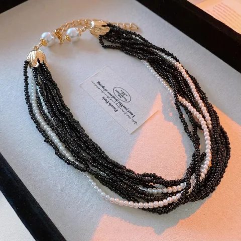 Layered Beaded Necklace With Faux Artificial Pearl And Black Seed Beads French Vintage Aesthetic Clavicle Chain For Women