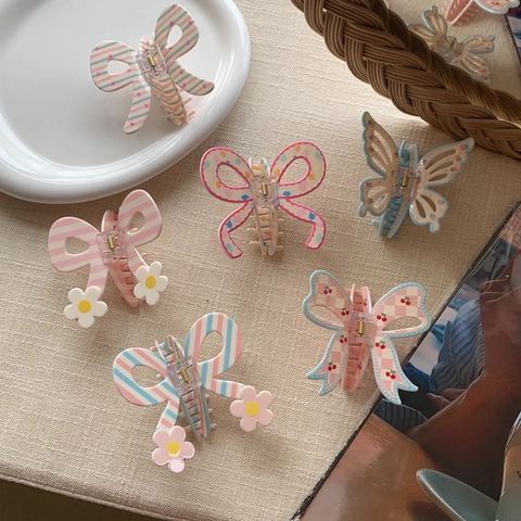 Pinzas Para El Cabello De Mariposa Con Lazo Dulce Resina Plástico Pinza De Tiburón Flor 3D Cereza Estampado Floral Estilo Coreano