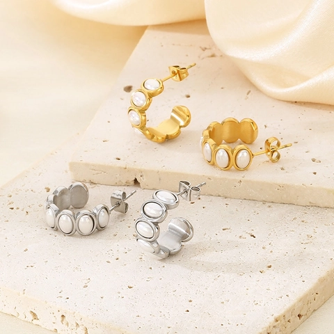 Pendientes De Aro En Forma De C De Acero Inoxidable Chapado En Oro De 18K Con Incrustaciones De Perlas Artificiales Joyas Mujer
