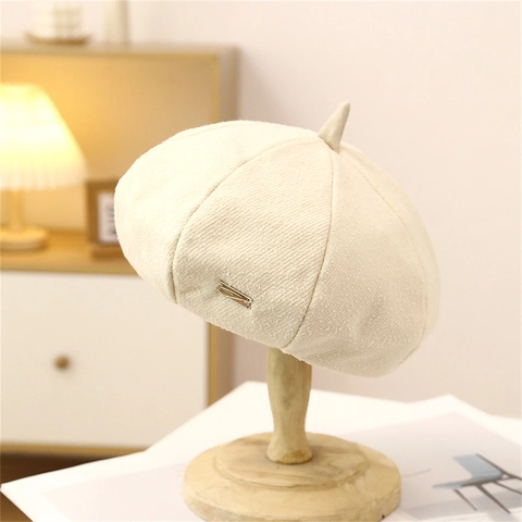 Basco Ottagonale Vintage Da Donna Retro Colore Solido Caldo Cappello Da Pittore In Tweed Con Etichetta In Metallo