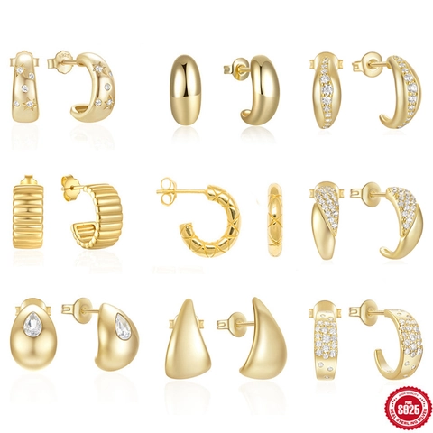 Pendientes De Aro De Plata De Ley 925 Forma C Circonita Estrella Textura Acanalada Acolchada Liso Geométrico Joyería Moda Mujer