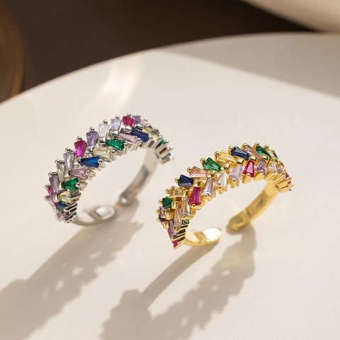 Mode Kupfer Zweireihig Strass Offener Verstellbarer Ring Für Damen Glänzender Geometrischer Temperament Schmuck Fingerring Zubehör