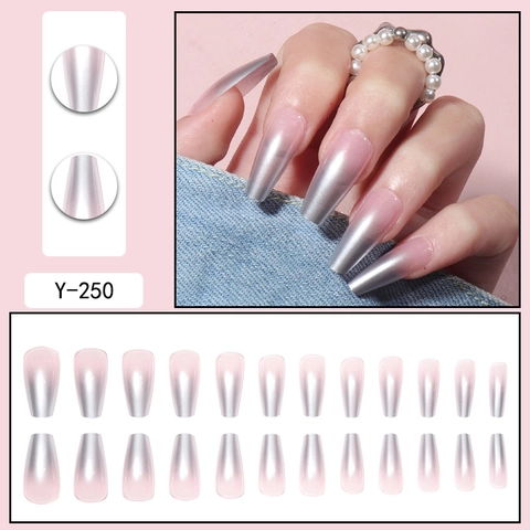 Lange Coffin Press On Nägel Silber Rosa Ombre Verlauf Aurora Metallic Glänzend Ballerina Falsche Nägel Full Cover