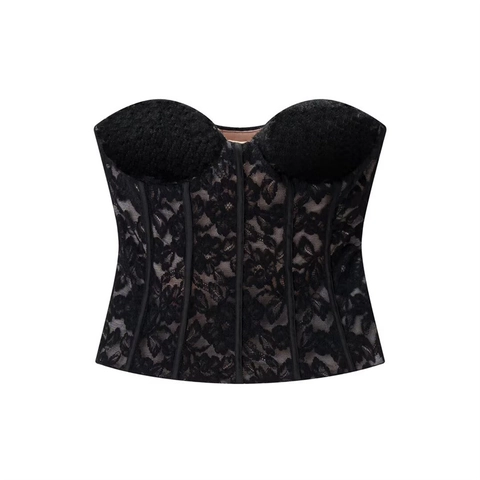 Women Sexy Lace Velvet Bustier Top Vintage Strapless Bone Support Corset Slim Fit Floral Lingerie Party Clubwear