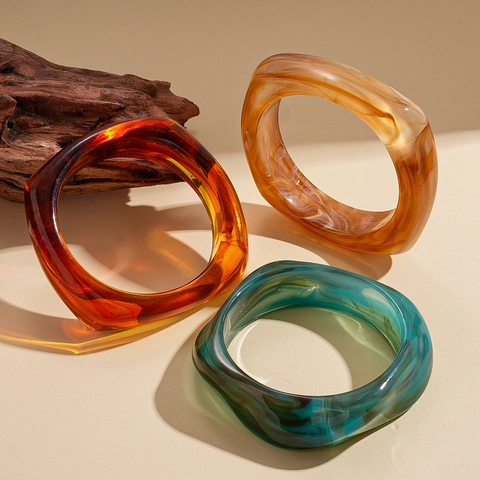 Chunky Acrylic Bangle Bracelet For Women Retro Geometric Resin Cuff Hand Jewelry Marble Amber Texture Minimalist Fashion