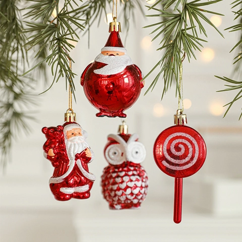 Christmas Tree Hanging Ornaments Red White Plastic Glitter Santa Candy Cane Festive Holiday Party Decoration