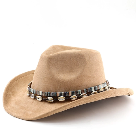 Western Cowboy Hoed Suede Polyester Brede Rand Etnische Schelp Decor Outdoor Reizen Zonbescherming Voor Heren Dames