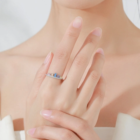 Anello Corona in Argento Sterling 925 Con Zirconi Colorati per Donna Elegante Gemma Arcobaleno Strass Dolce Anello da Dito Gioielli Regalo