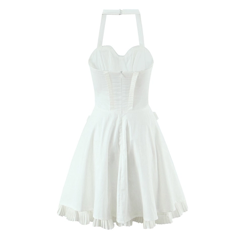 Abito Mini Bianco Stile Corsetto Con Scollo All'americana E Monopetto Con Orlo A Pieghe Con Volant Sexy Stile Hepburn Donna