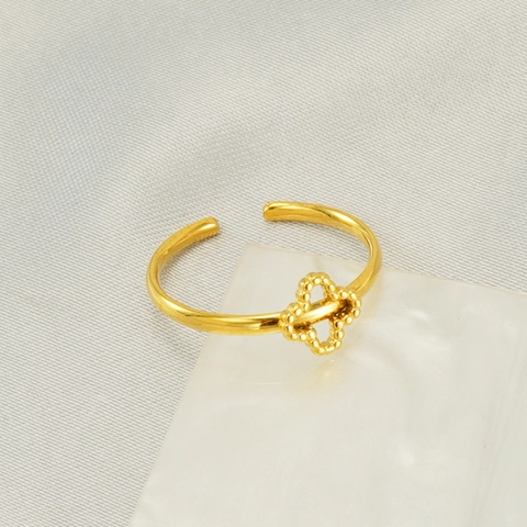 Four-Leaf Clover Ring 18K Gold Plated Stainless Steel Adjustable Open Band Beaded Edge Jewelry For Women