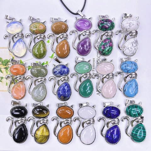 Cat Pendant Necklace Natural Crystal Gemstone Alloy Animal Shape Fashion Jewelry Gift For Women Girls Sitting Kitten Design