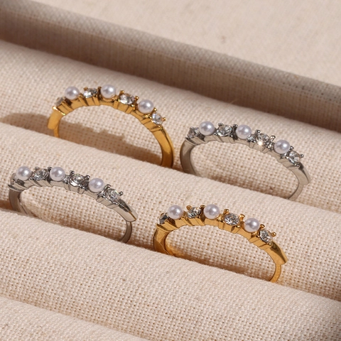 Elegant Stackable Ring Stainless Steel Shell Artificial Pearl And Zircon Inlaid Non Tarnish Fashion Jewelry For Women