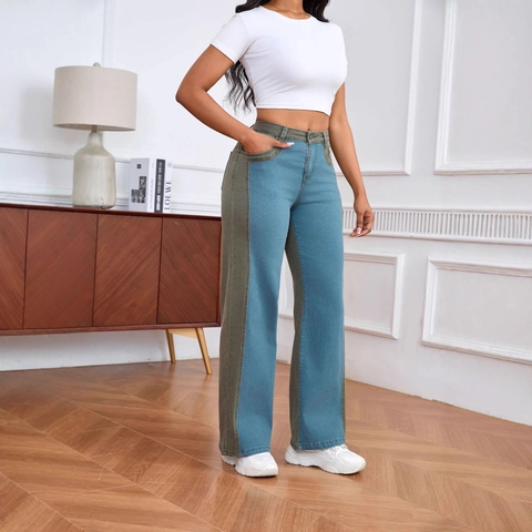 Jeans A Vita Alta Da Donna Con Patchwork Di Colori Gamba Larga Denim Elasticizzato Pantaloni Dritti Streetwear