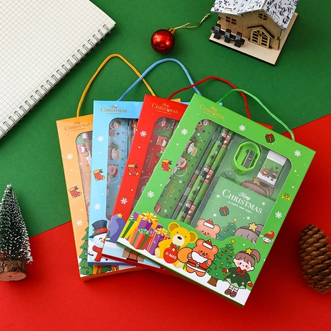 Christmas Stationery Set For Kids School Student Gift Box Cartoon Santa Claus Pencil Ruler Eraser Sharpener Supplies