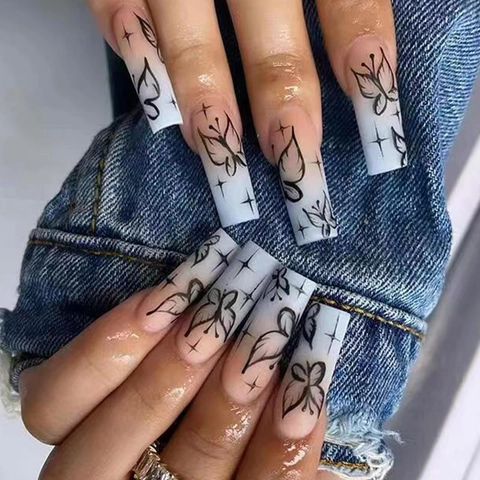 Lange Doodskist Vorm Kunstnagels Gradiënt Vlinder Ster Patroon Valse Nagels Met Gelei Lijm En Vijl