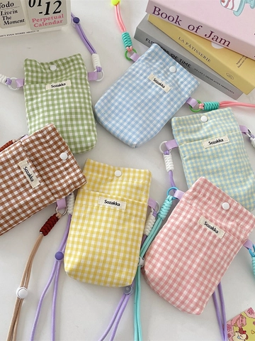 Μικρή Τσάντα Χιαστί Από Ύφασμα Gingham Μίνι Θήκη Τηλεφώνου Με Ρυθμιζόμενο Λουράκι Κορεάτικο Στυλ Casual Γυναικεία
