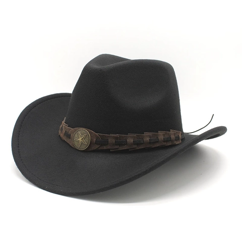 Chapeau De Cowboy Occidental En Feutre De Laine Large Bord Ceinture Tressée Boucle Étoile Style Vintage Extérieur