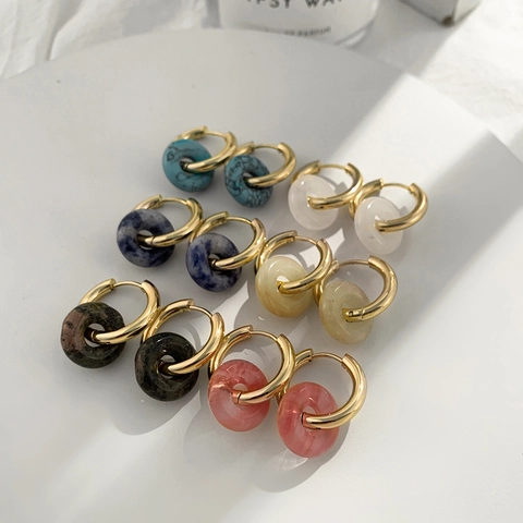 Stainless Steel 18K Gold Plated Hoop Earrings With Natural Stone Donut Pendant Vintage Chic Round Jewelry For Women