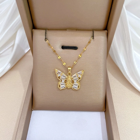 Collier Pendentif Papillon Vierge Marie Guadalupe Acier Inoxydable Cuivre Plaqué Or Zircon Bijoux Religieux Femmes