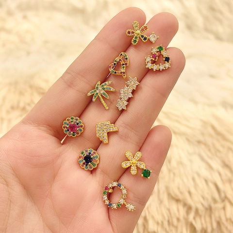 Vintage Colorful Zirconia Flower Stud Earrings For Women Copper Gold Plated Heart Multi Color Rhinestone Geometric Earrings Jewelry Gift