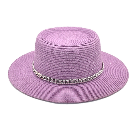Flat Top Boater Straw Hat With Metal Chain Wide Brim Summer Sun Beach Sunshade Woven Jazz Fedora For Women Men