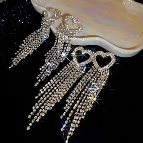 Orecchini In Rame A Forma Di Cuore Con Lunghe Nappine In Zircone E Strass E Perno In Argento Gioielli Eleganti Da Festa Per Donna