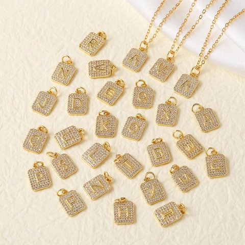 Alphabet Initial Necklace Copper Gold Plated Square Pendant Pavé Cubic Zirconia Clavicle Chain For Women