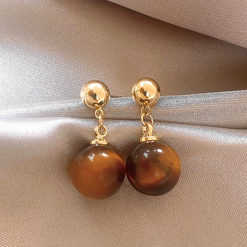 Tiger Eye Pendant Drop Earrings With Silver Earring Post 18K Real Gold Plated Retro Vintage Maillard Style For Women