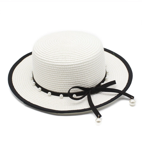 Cappello Boater Da Donna Retro Francese In Paglia Intrecciata Con Fiocco Di Künstliche Perle Estate Protezione Solare Spiaggia