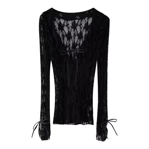 Dames Kant Blouse Met V-Hals Lange Mouwen Opengewerkte Ruches Top Met Strikmanchetten Effen Kleur Sexy Zoet Shirt
