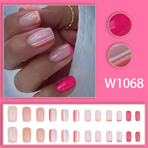 Press On Nails French Style Glossy Square Shape False Nails For Women Striped Pink Magenta Design Elegant Artificial Nails